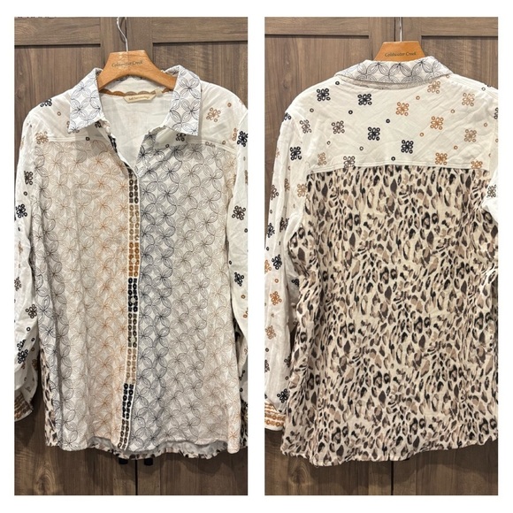 Soft Surroundings XL Button Front Top embroidered cheetah print long sleeve - Picture 1 of 12